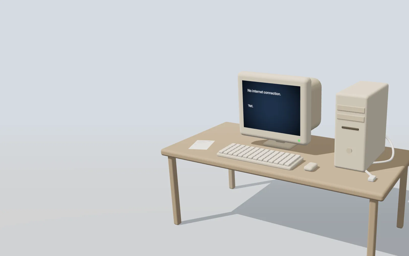 An old beige desktop computer on a desk. The screen says "No internet connection", the phone cable is unplugged, and an instalment receipt lies next to it.